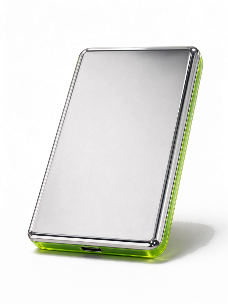 Frost &mdash; polished stainless back, translucent neon green iPod Classic.
